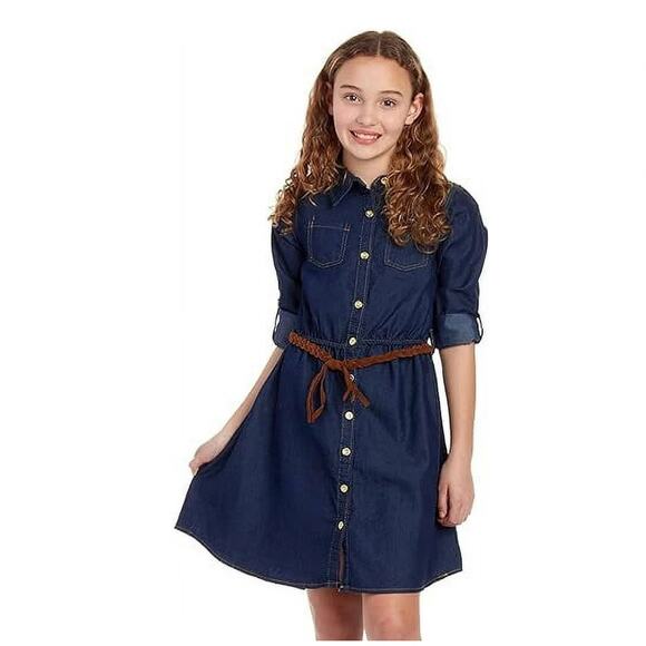 Dollhouse Girls Size14/16 Belted Denim Peasant Dress Classic Boho Jean NWOT - Picture 1 of 9
